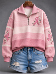 Women's Vintage Floral Pink Ribbon Print Zip Up Sweatshirt