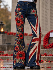 Women's Veteran-Themed Remembrance Day Print Long Flared Trousers