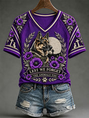 Women's Animals In  War Lest We Forget Print  V-neck T-shirt